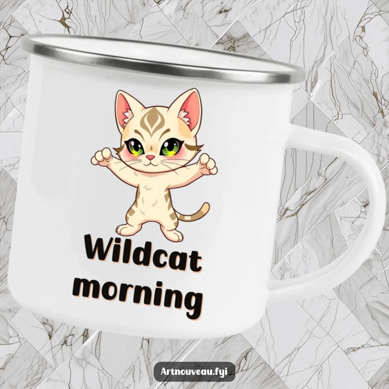 Funny Feline Camping Mug: A sturdy mug featuring an Art Nouveau inspired cat in a dynamic pose, perfect for outdoor artistic enjoyment.