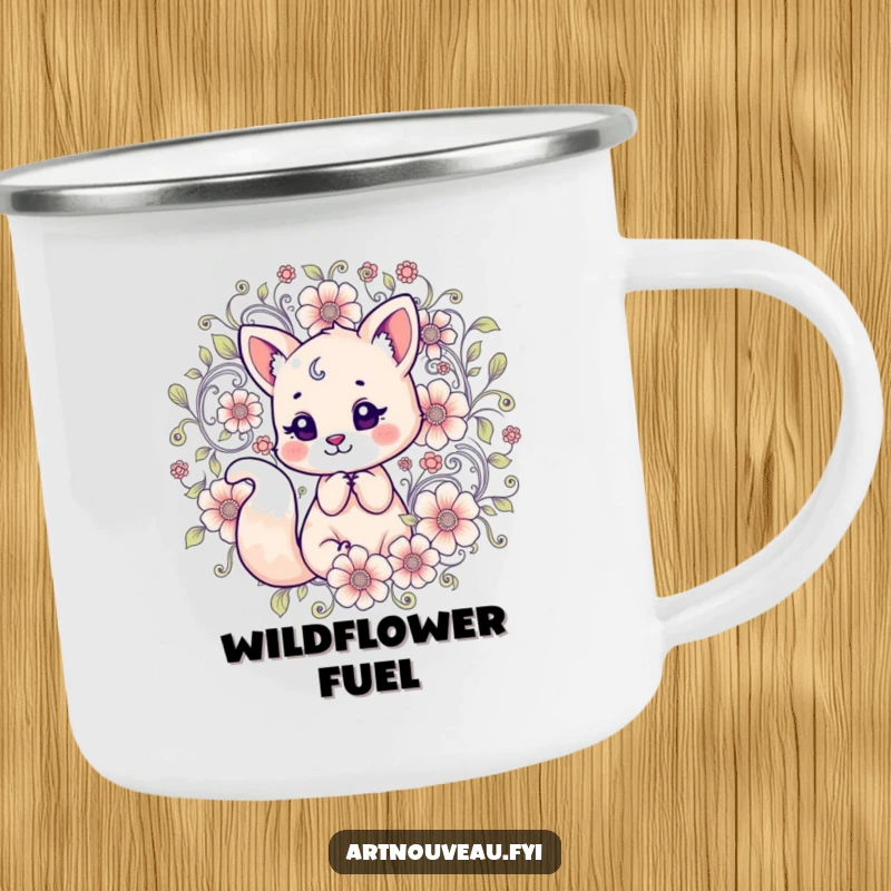 Funny Camping Mug: A durable mug with a fox exploring a vibrant, swirling floral landscape during outdoor adventures.