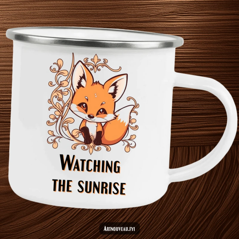 Funny camping mug showing a curious fox peeking from behind ornate, flowing lines, durable for outdoor use.