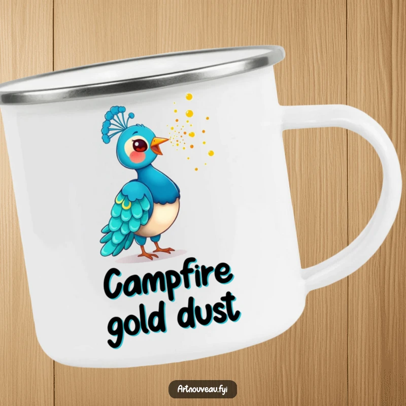 Funny Golden Dust Peacock Camping Mug with a playful bird scattering golden dust, perfect for adventures and adding humorous magic to drinks.