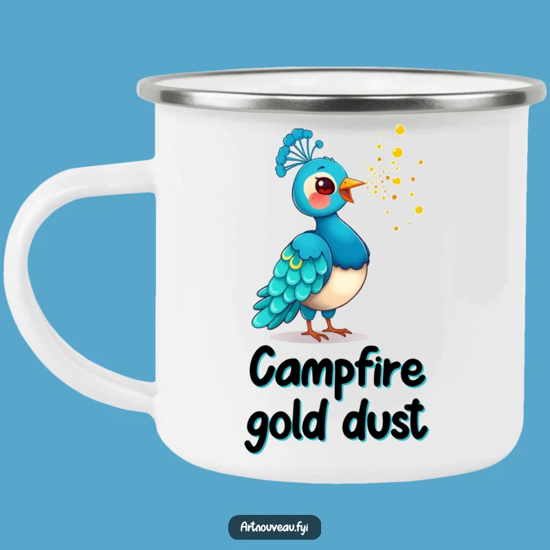 Funny Golden Dust Peacock Camping Mug: Rugged Bird Art, Perfect Outdoor Funny Gift