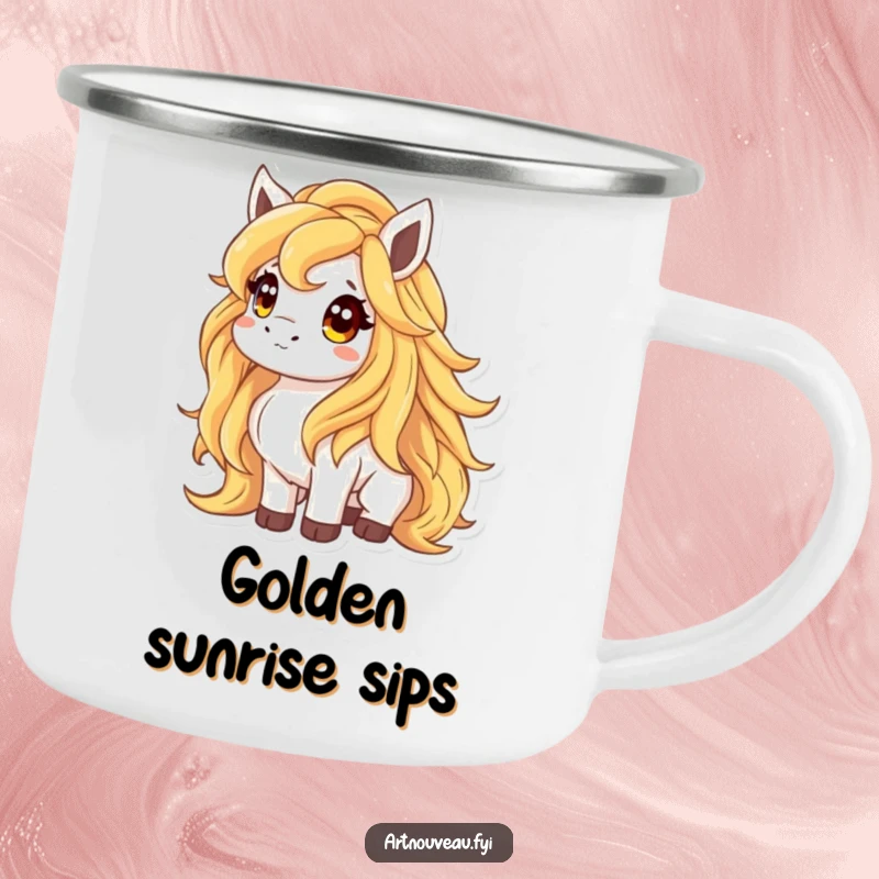Funny camping mug showcasing an animal with a flowing mane of liquid gold looking up curiously, designed for adventure and magical moments.