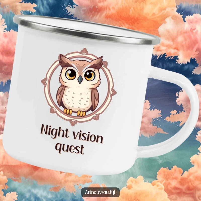 Funny Owl Camping Mug with a curious owl, large expressive eyes peering through a decorative circular frame, built for the outdoors.