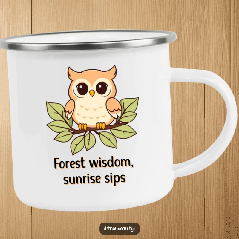 Funny Camping Mug: Playful owl with curved details floating on stylized leaves, perfect for durable outdoor use.