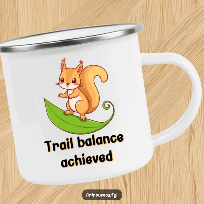 Funny camping mug showing a mischievous squirrel balancing on a stylized, curling leaf, durable for outdoor use.