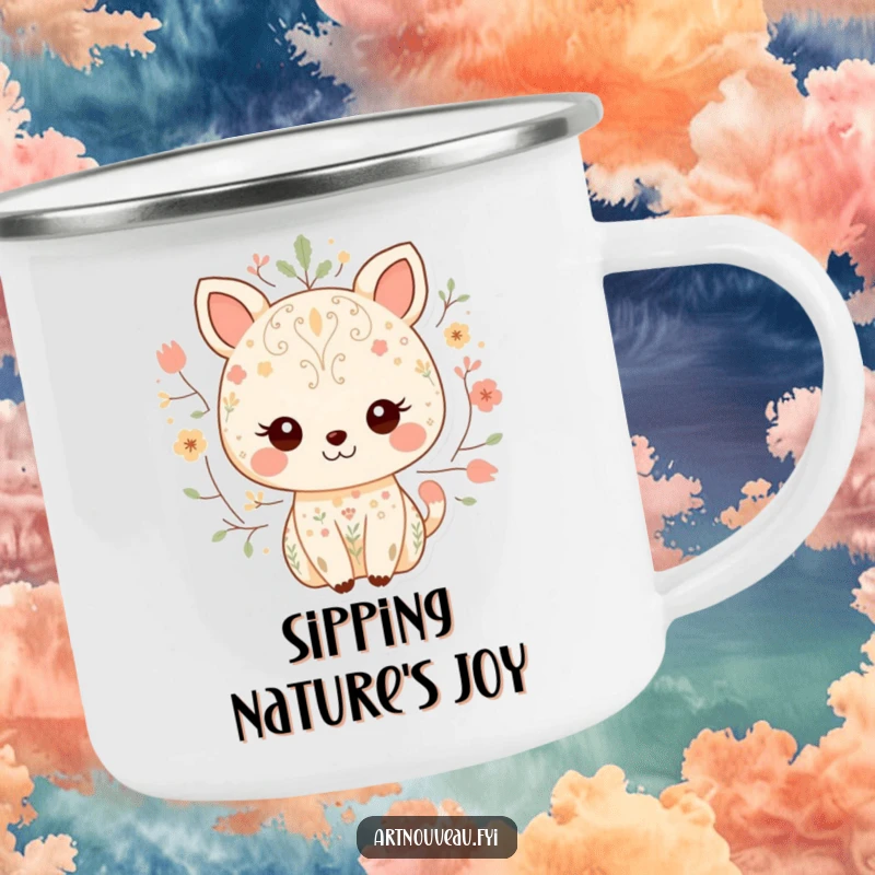 Funny camping mug with a sweet animal character smiling, decorated with charming nature-inspired patterns, built for outdoor use and enjoyment.