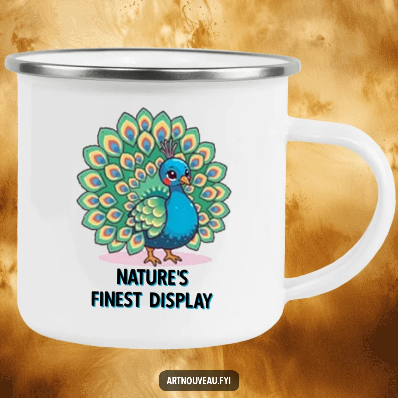 Funny camping mug with a peacock fanning its tail with elaborate feather patterns, ideal for stylish outdoor enjoyment.