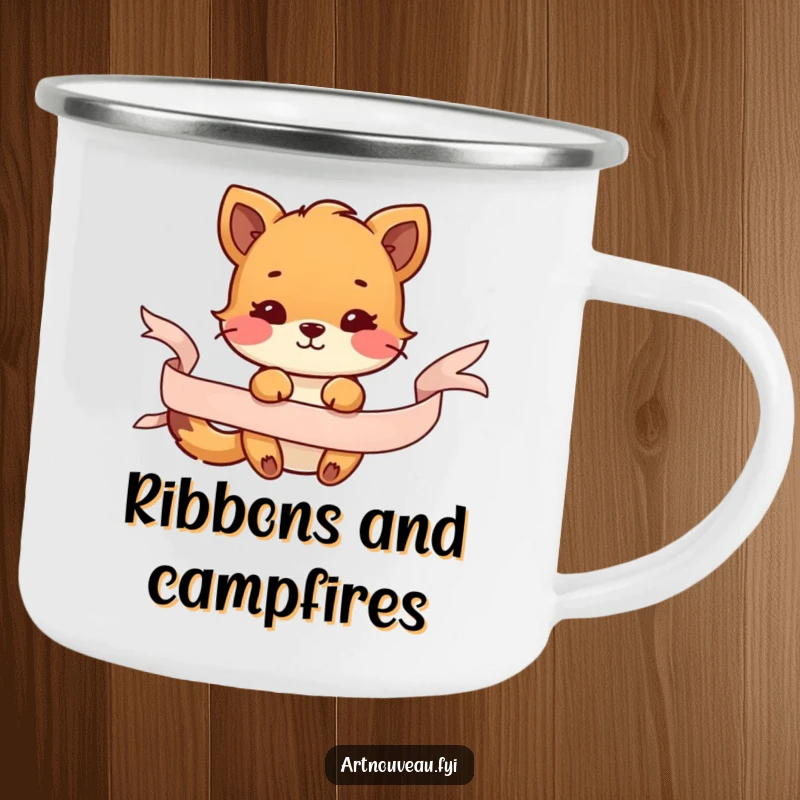 Funny camping mug showcasing an animal playfully entangled with a decorative ribbon, designed for durability and adding a playful touch to outdoor trips.