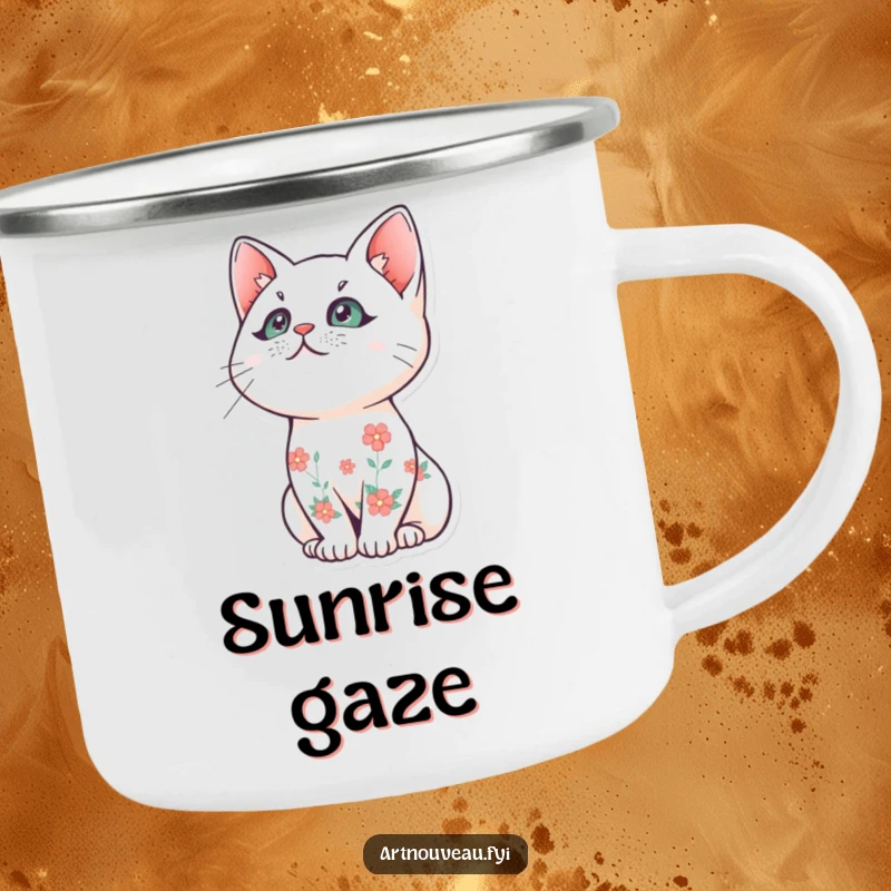 Funny cat camping mug, stylized feline with floral patterns, gazing upwards, enamel mug, perfect funny gift for hikers.