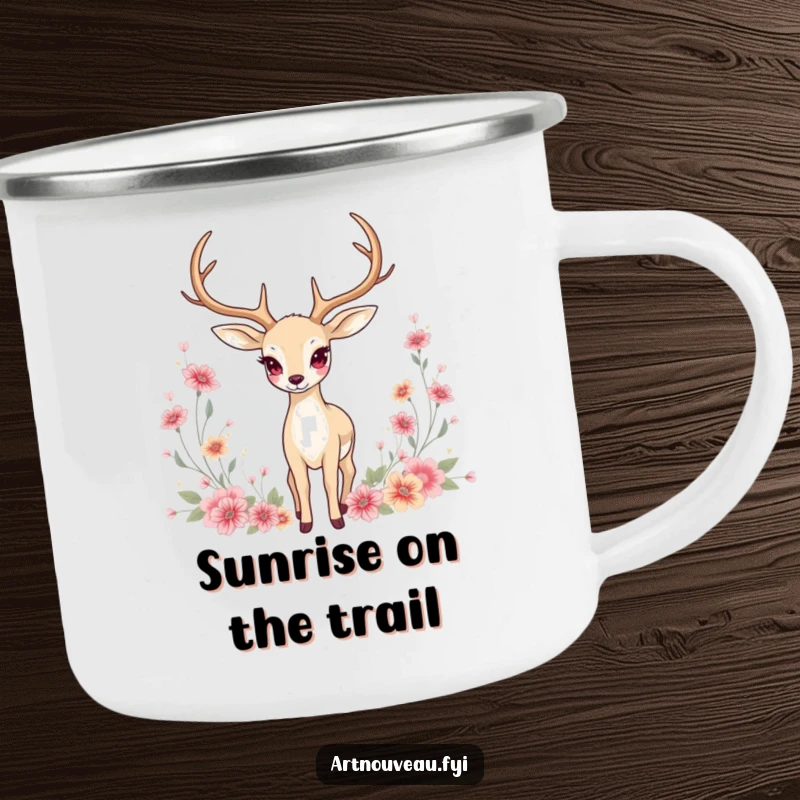 Funny Camping Mug: Graceful deer with elongated antlers amidst floral motifs, perfect for durable outdoor use.