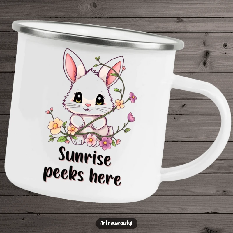 Funny bunny camping mug, a fluffy bunny with large expressive eyes peeking from a floral vine, durable outdoor mug.