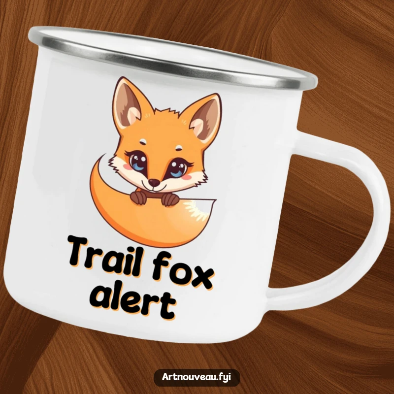Funny Camping Mug: A curious fox with bright eyes peeking from behind a flowing, organic curve, perfect for outdoor intrigue.
