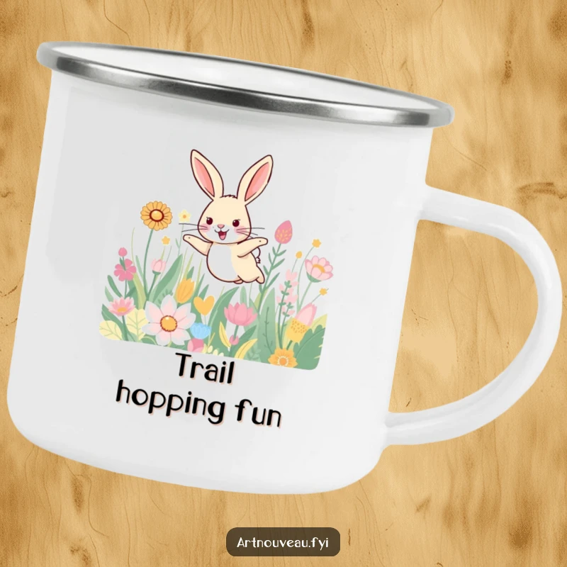Funny camping mug with a smiling hare leaping through a field of beautifully patterned plants, ideal for outdoor enjoyment.