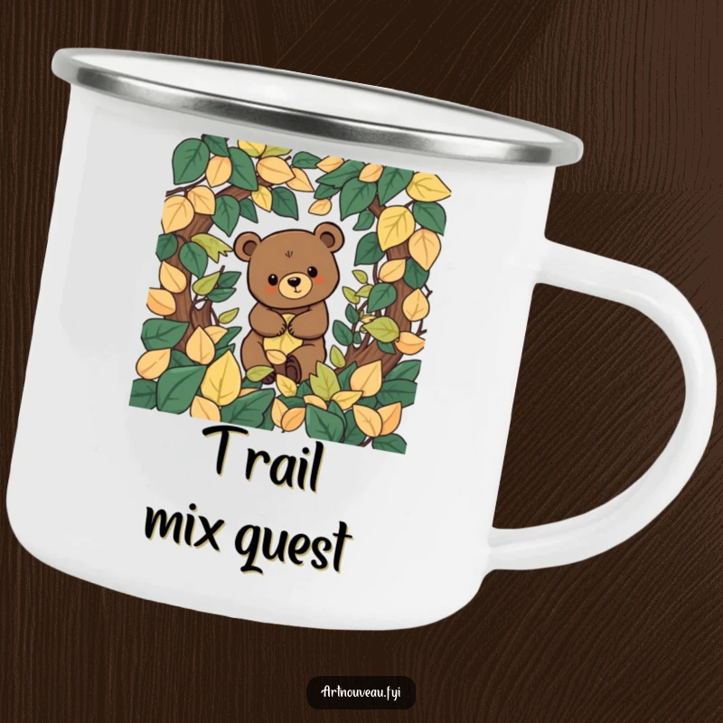 Funny stylized bear with organic shapes exploring a decorative labyrinth of leaves, printed on a rugged and stylish camping mug.