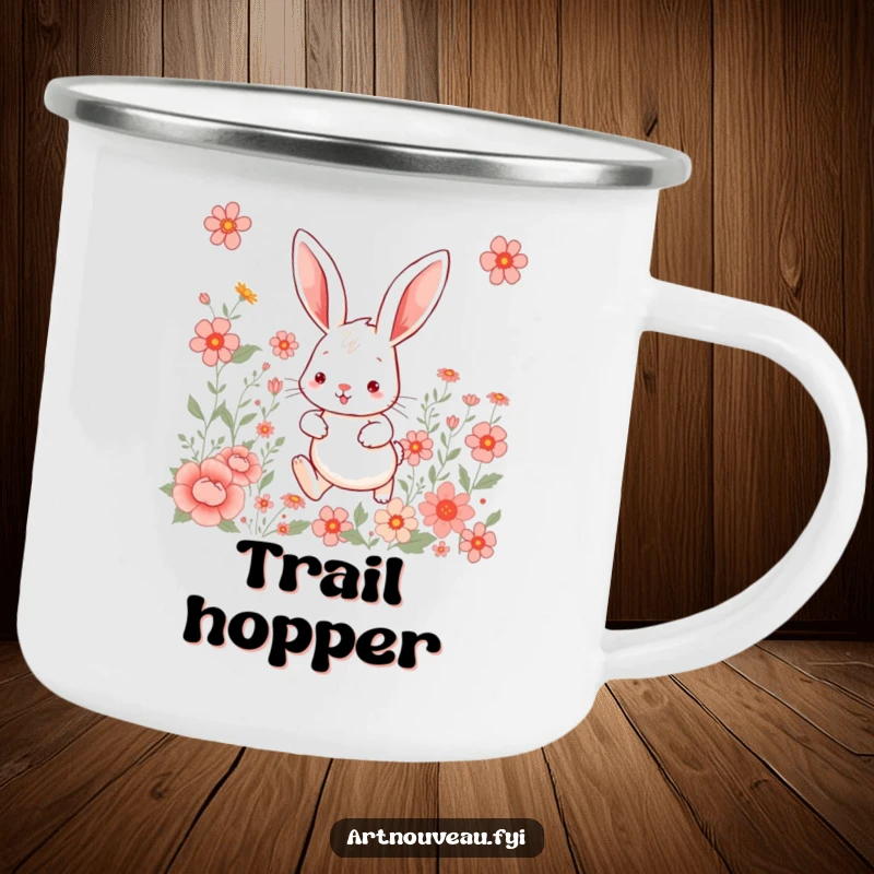 Whimsical rabbit camping mug, large-eared hare hopping through floral patterns, a durable and artistic outdoor mug.
