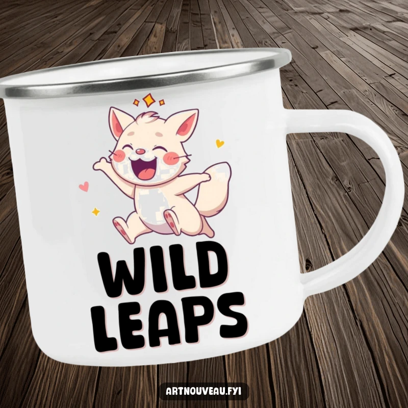 Funny camping mug with an energetic animal leaping with decorative flair, designed for durability and spirited outdoor enjoyment.