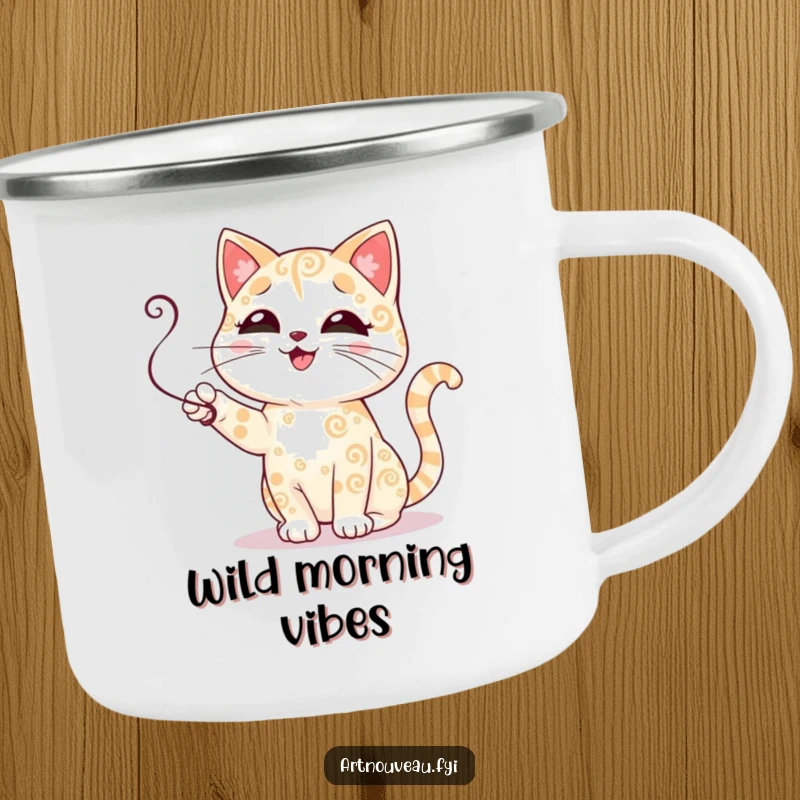 Funny cat camping mug featuring a cute cat with swirling fur patterns playfully batting a tendril, perfect for outdoor beverage enjoyment.
