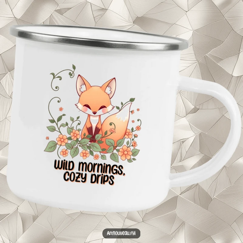 Funny Camping Mug: Whimsical fox with elegant flowing lines peeking from ornate art nouveau vines, perfect for outdoor use.