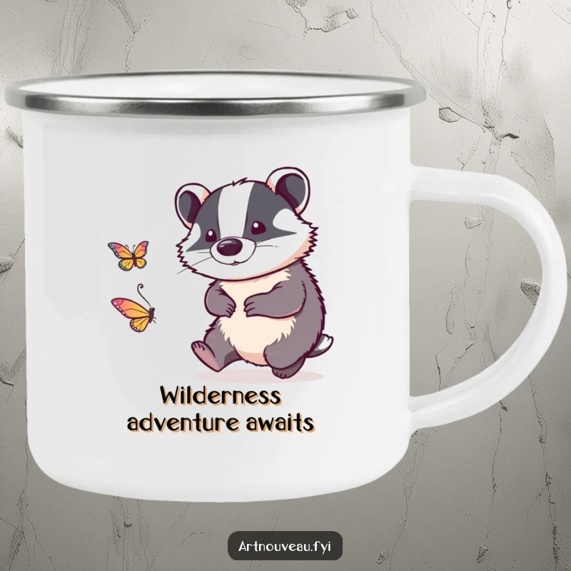 Funny camping mug with intricate linework badger playfully chasing a stylized butterfly, perfect for outdoor enthusiasts.