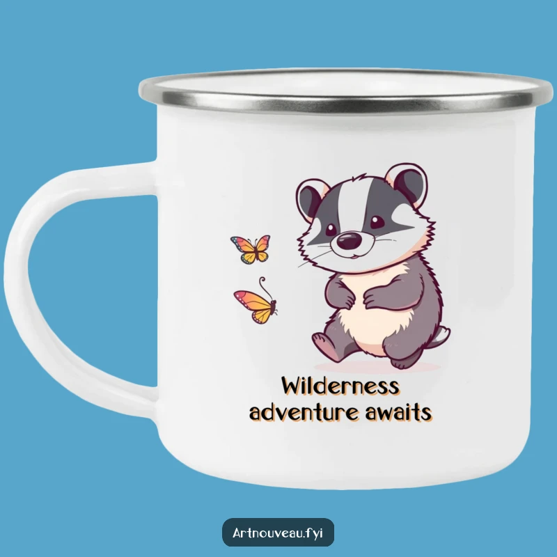 Funny Badger Camping Mug - Rustic Linework Art, Playful Chase Adventure