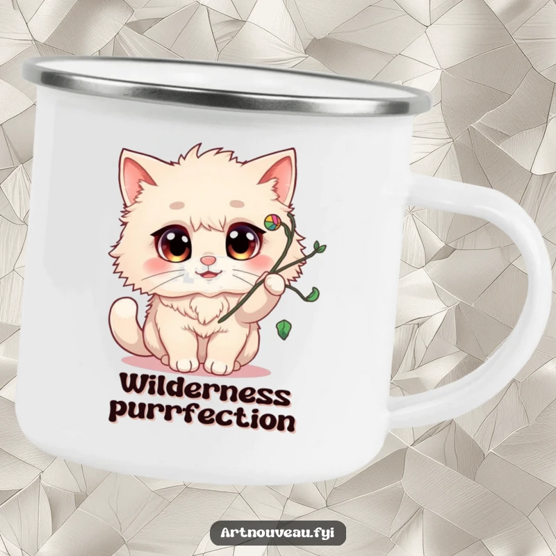 Funny Camping Mug: A fluffy cat with cheerful eyes playfully batting at a swirling flourish, perfect for outdoor fun.