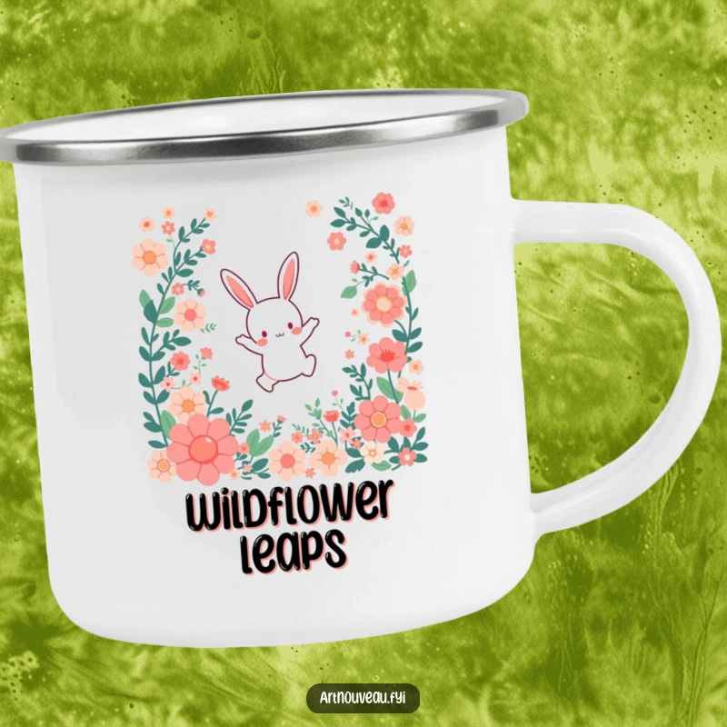 Funny Camping Mug: A small bunny character leaping joyfully through a cascade of stylized floral patterns, perfect for outdoor cheer.