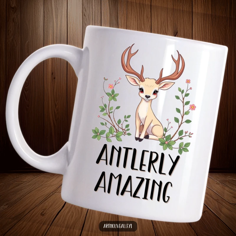 Funny Mug: An animal with grand, curved antlers posing elegantly among delicate, artistic vine designs.