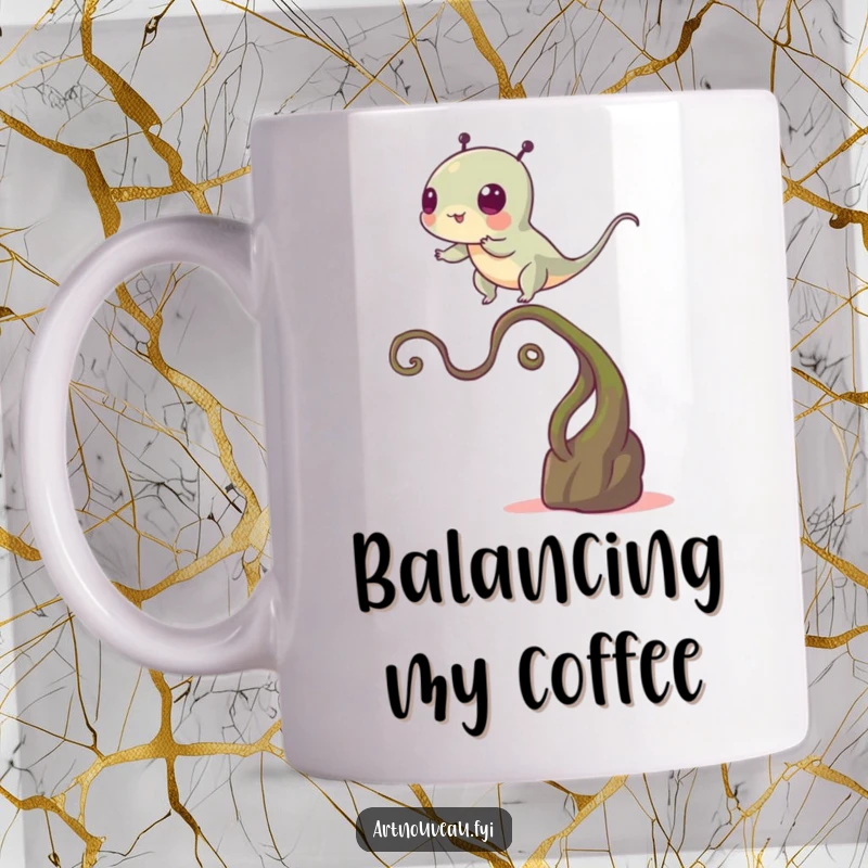 Funny mug featuring a creature in a precarious balance on a winding, plant-like stem, symbolizing the humorous side of life's challenges.