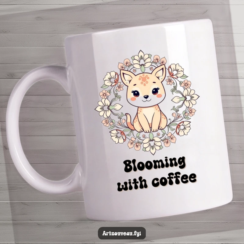 Funny mug featuring an animal surrounded by intricate and symmetrical floral elements, suggesting peace, beauty, and a touch of whimsy.