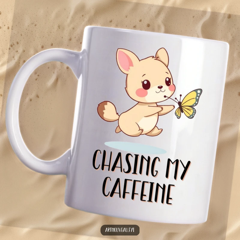 Funny mug featuring a whimsical animal joyfully chasing a delicately drawn butterfly, symbolizing fun, freedom, and playful pursuit.