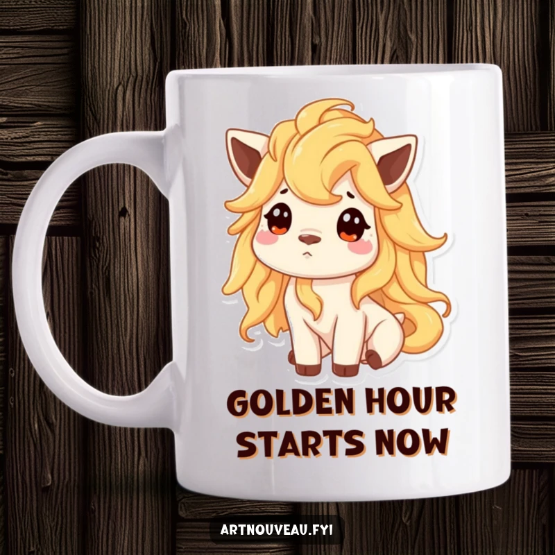 Funny mug depicting an animal with a flowing mane of liquid gold, looking up with captivating curiosity and wonder.