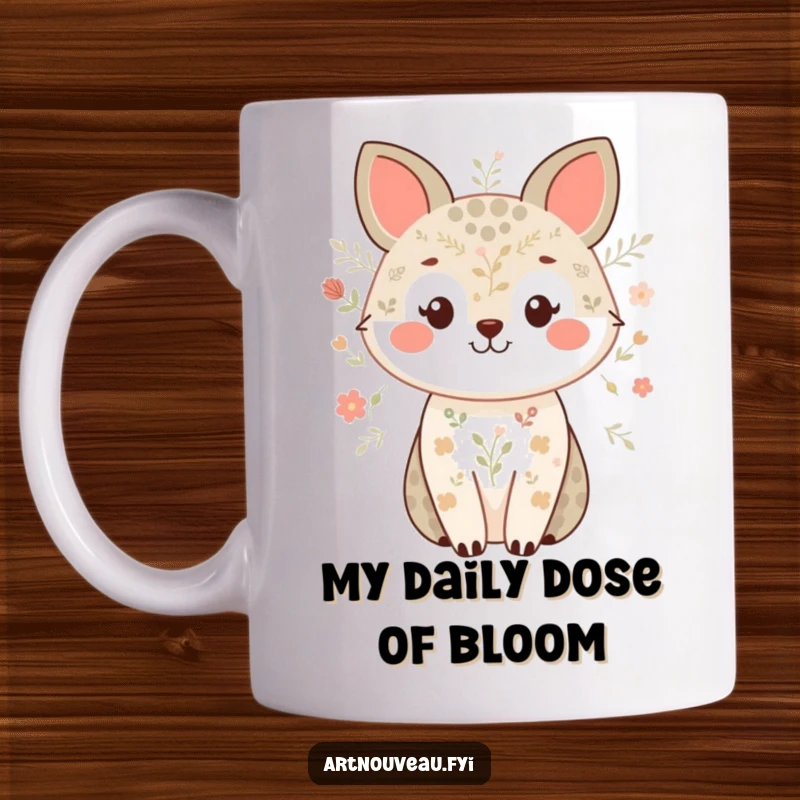 Funny mug with a smiling animal covered in delicate nature patterns, radiating sweetness and charm, ideal for nature lovers.