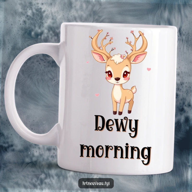 Funny deer mug, playful creature with blossom-adorned elegant antlers, whimsical forest design, unique gift for nature lovers.