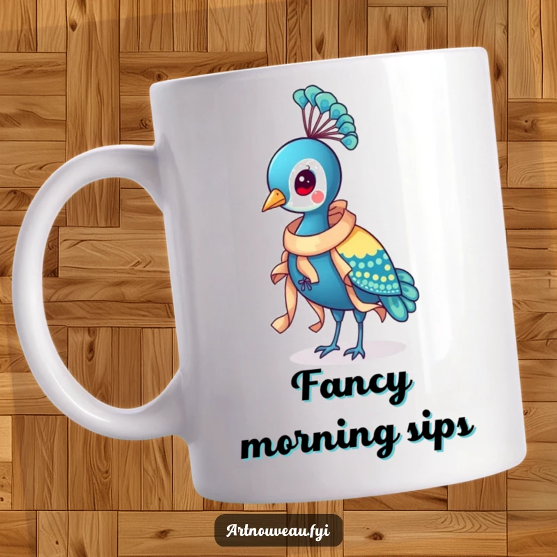 Funny Peacock Ribbon Mug showing a dapper bird wearing a flowing, ornate ribbon around its neck, looking quite distinguished and humorous.