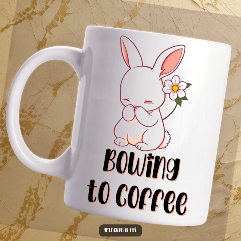 Funny rabbit mug, Art Nouveau style, gracefully bowing, flower accent, vintage elegance, unique gift for art enthusiasts.