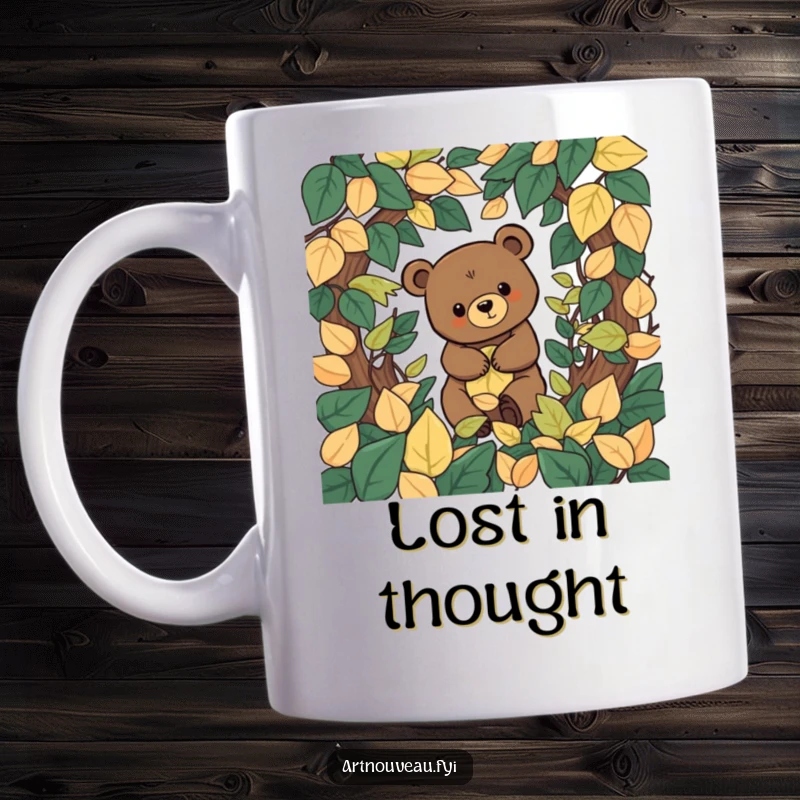 Funny stylized bear with organic shapes exploring a decorative leaf labyrinth on this unique mug, perfect for nature lovers.