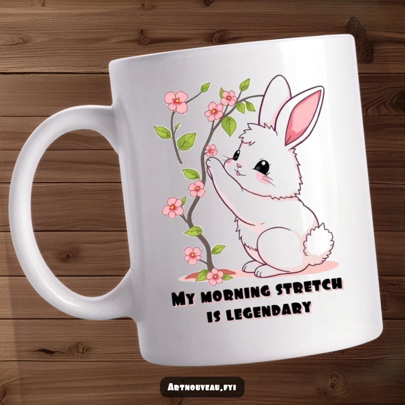 Funny mug featuring a fluffy bunny with elegant curves, delicately reaching for a vibrant blooming vine, showcasing nature's beauty.