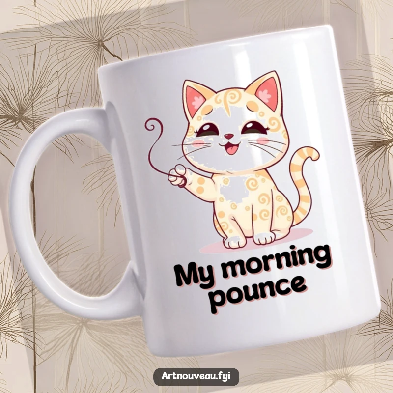 Funny cat mug featuring a cute feline with swirling fur patterns playfully swatting at a delicate tendril, embodying mischievous joy.
