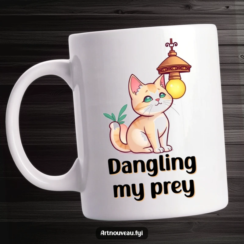 Funny cat mug, a curious cat with elegant curves playfully batting at a decorative hanging lamp, cute and mischievous.