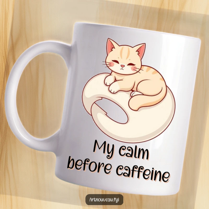 Funny mug depicting a graceful cat elegantly lounging atop a mesmerizing swirling organic form, exuding calmness.