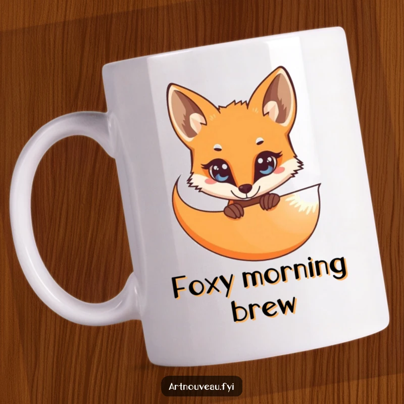 Funny Mug: A curious fox with bright eyes peeking from behind an elegant, flowing organic curve, exuding playful intelligence.