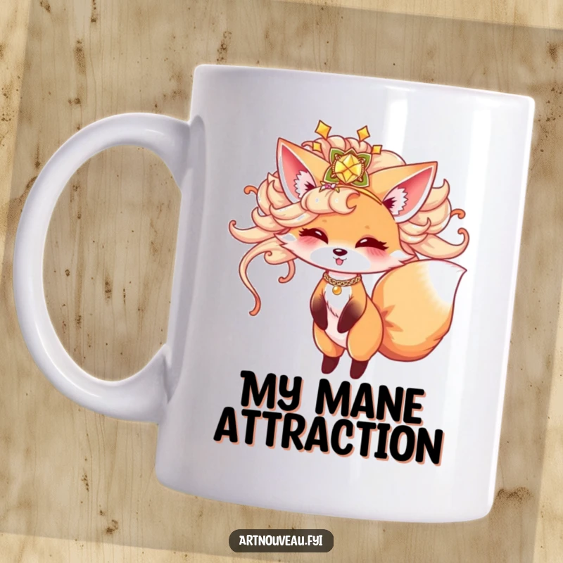 Funny fox mug, cute animal in ornate hairpiece playfully twirling, whimsical, charming, perfect gift for animal lovers.