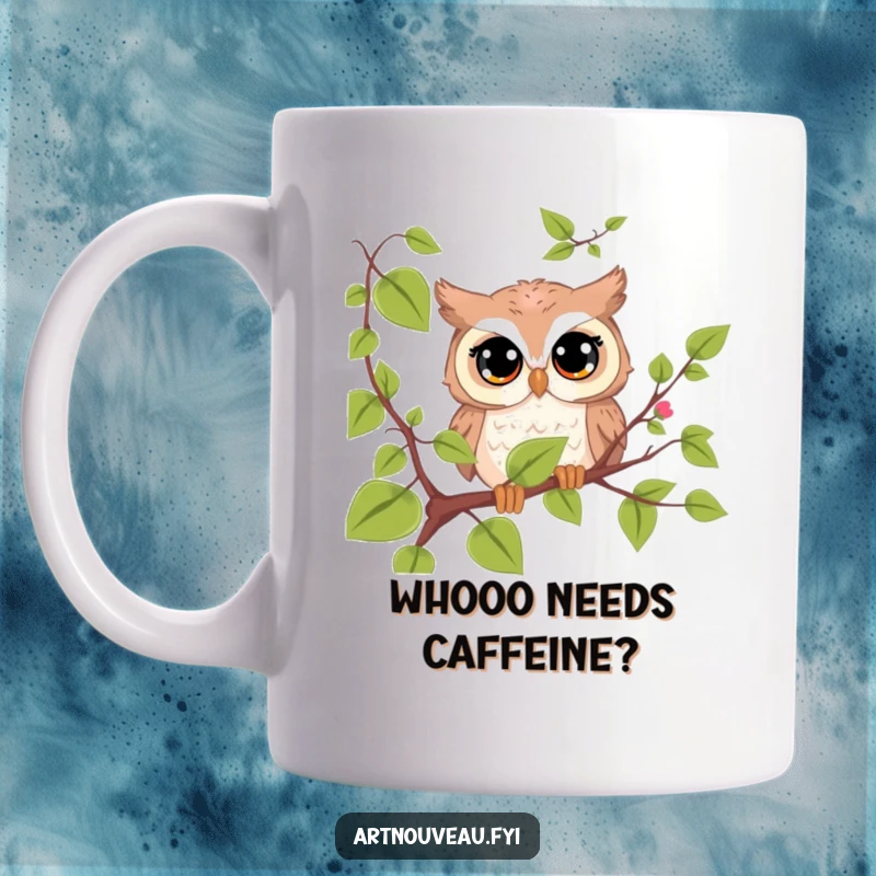 Funny cute owl mug with big curious eyes peeking from behind a vine, a humorous gift for nature lovers.