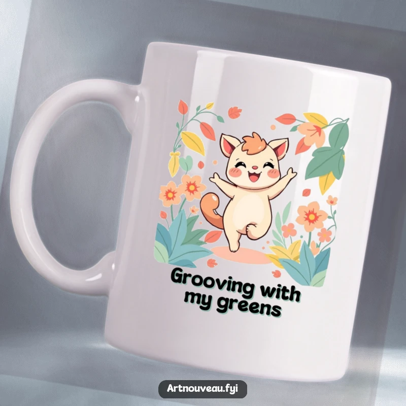 Funny mug showing a joyful creature dancing merrily amidst stylized, flowing foliage, expressing pure happiness and nature's beauty.