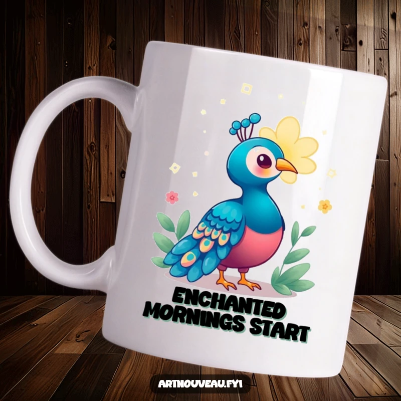 Funny Enchanted Peacock Mug showing a bird looking enchanted and mesmerized by a magical, glowing bloom with vibrant, mystical colors.