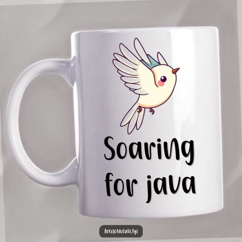Funny mug depicting a stylized bird with long, flowing tail feathers gracefully taking flight against a simple background, conveying movement and beauty.