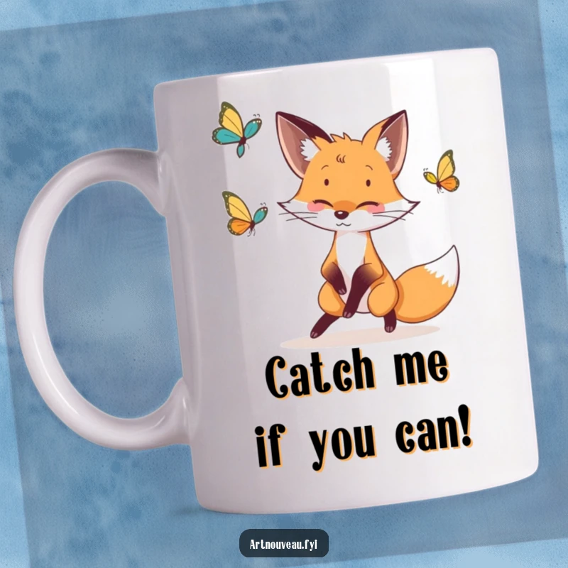 Funny fox mug with a whimsical fox with elegant lines playfully chasing a butterfly, evoking fun and nature.