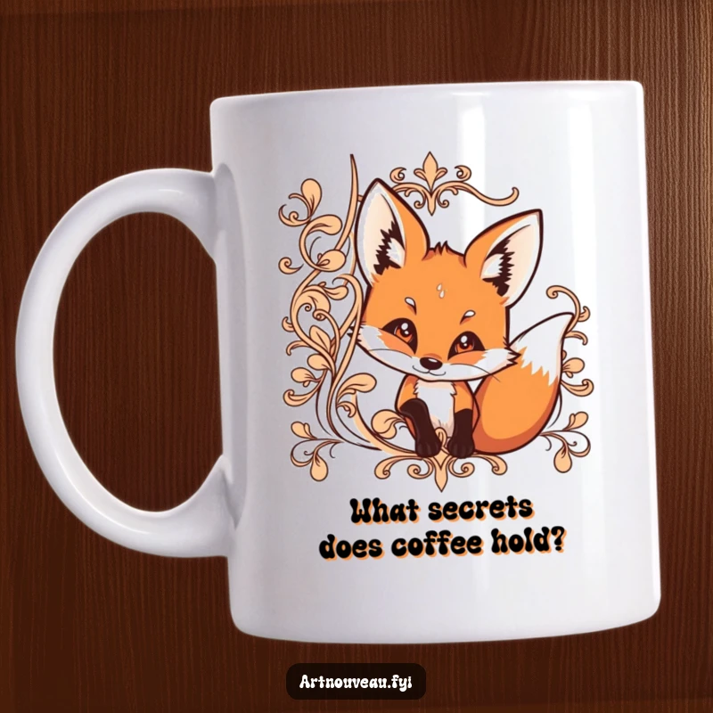 Funny mug with a curious fox peeking playfully from behind intricate, ornate, flowing lines, suggesting hidden charm.
