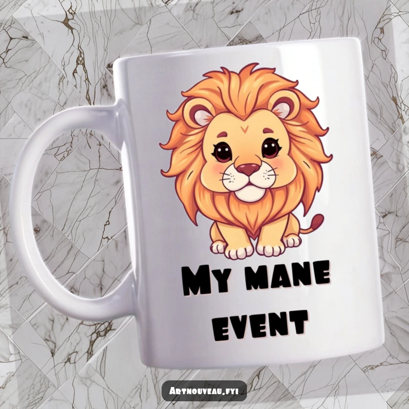Funny Lion Mug: Majestic creature with ornate manes gazing serenely at flowing artistic design, perfect for a calm yet humorous start.