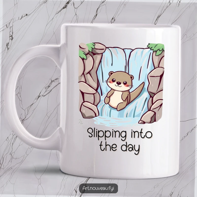 Funny otter with smooth lines playfully sliding down a stylized waterfall, bringing joy to this aquatic-themed mug.